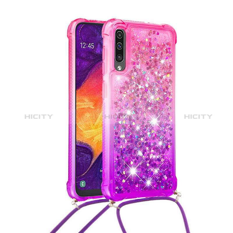 Coque Silicone Housse Etui Gel Bling-Bling avec Laniere Strap S01 pour Samsung Galaxy A50S Rose Rouge Plus