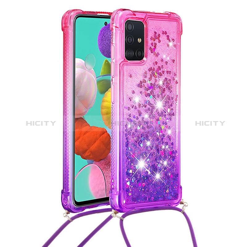 Coque Silicone Housse Etui Gel Bling-Bling avec Laniere Strap S01 pour Samsung Galaxy A51 4G Rose Rouge Plus