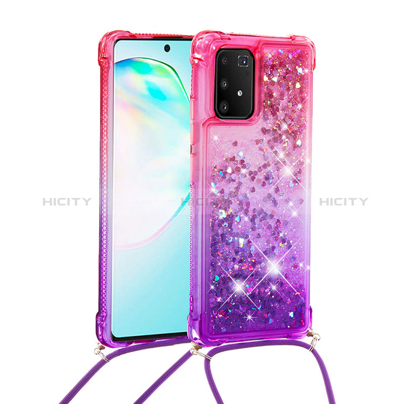 Coque Silicone Housse Etui Gel Bling-Bling avec Laniere Strap S01 pour Samsung Galaxy A91 Rose Rouge Plus