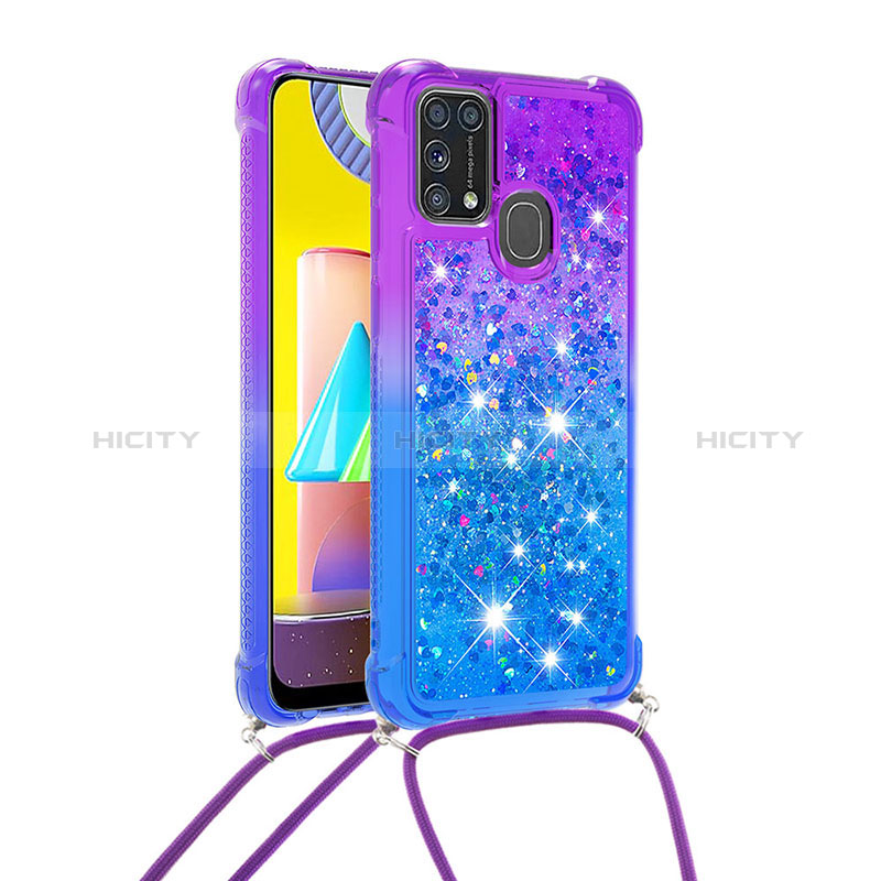 Coque Silicone Housse Etui Gel Bling-Bling avec Laniere Strap S01 pour Samsung Galaxy M21s Violet Plus