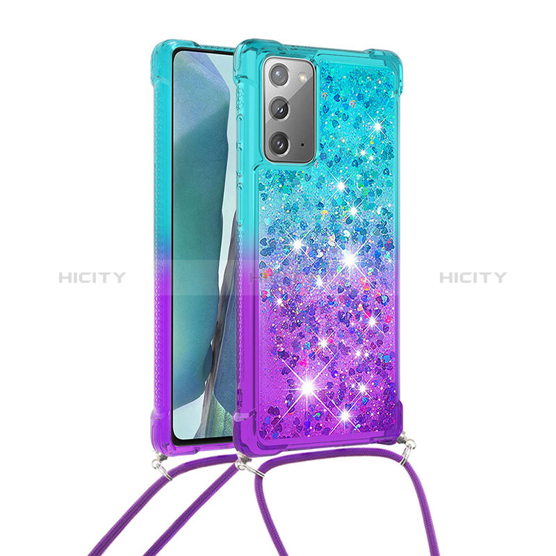 Coque Silicone Housse Etui Gel Bling-Bling avec Laniere Strap S01 pour Samsung Galaxy Note 20 5G Bleu Ciel Plus