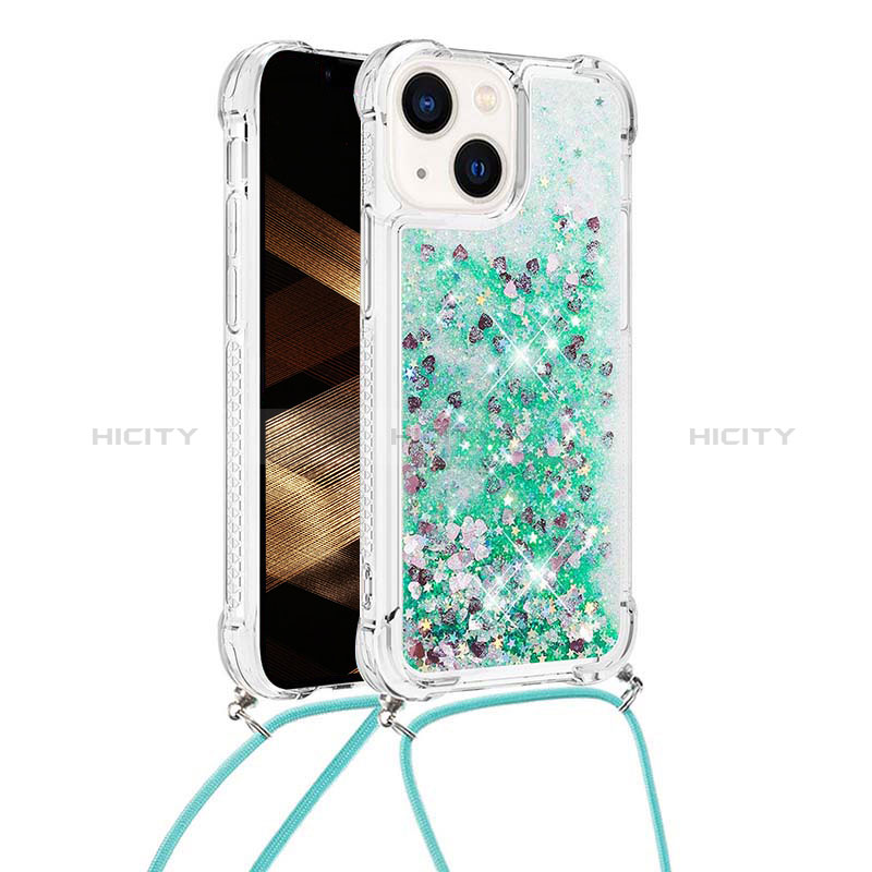 Coque Silicone Housse Etui Gel Bling-Bling avec Laniere Strap S02 pour Apple iPhone 15 Vert Plus