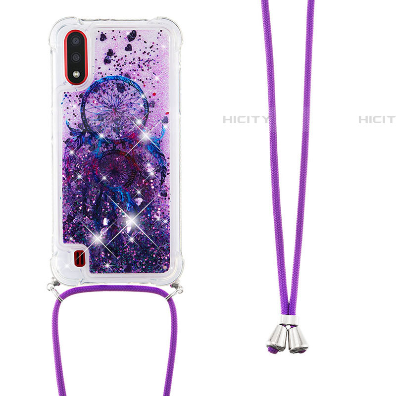 Coque Silicone Housse Etui Gel Bling-Bling avec Laniere Strap S02 pour Samsung Galaxy A01 SM-A015 Violet Plus