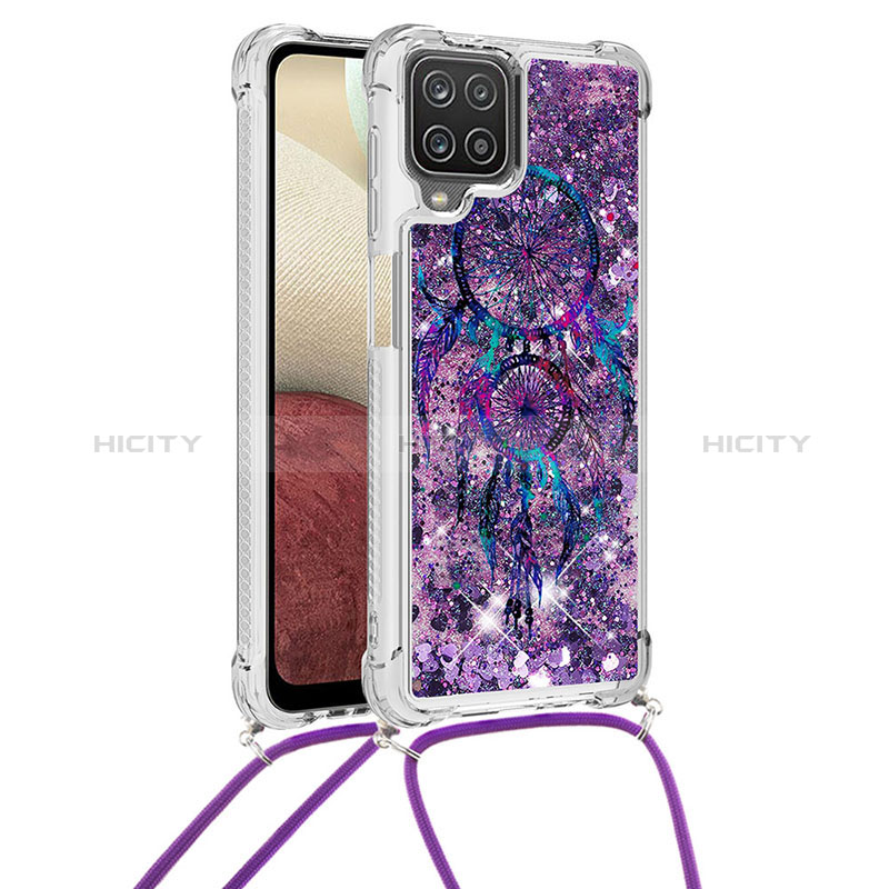 Coque Silicone Housse Etui Gel Bling-Bling avec Laniere Strap S02 pour Samsung Galaxy F12 Violet Plus