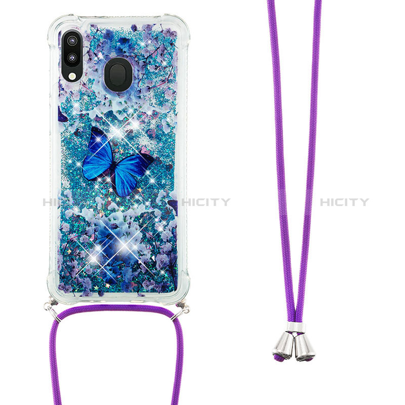 Coque Silicone Housse Etui Gel Bling-Bling avec Laniere Strap S02 pour Samsung Galaxy M20 Bleu Plus