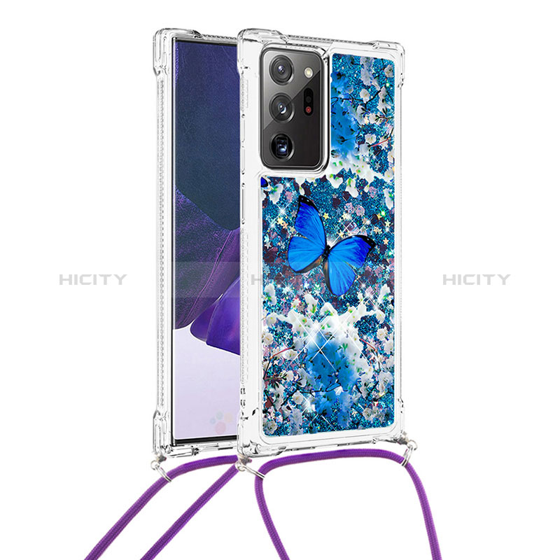Coque Silicone Housse Etui Gel Bling-Bling avec Laniere Strap S02 pour Samsung Galaxy Note 20 Ultra 5G Bleu Plus