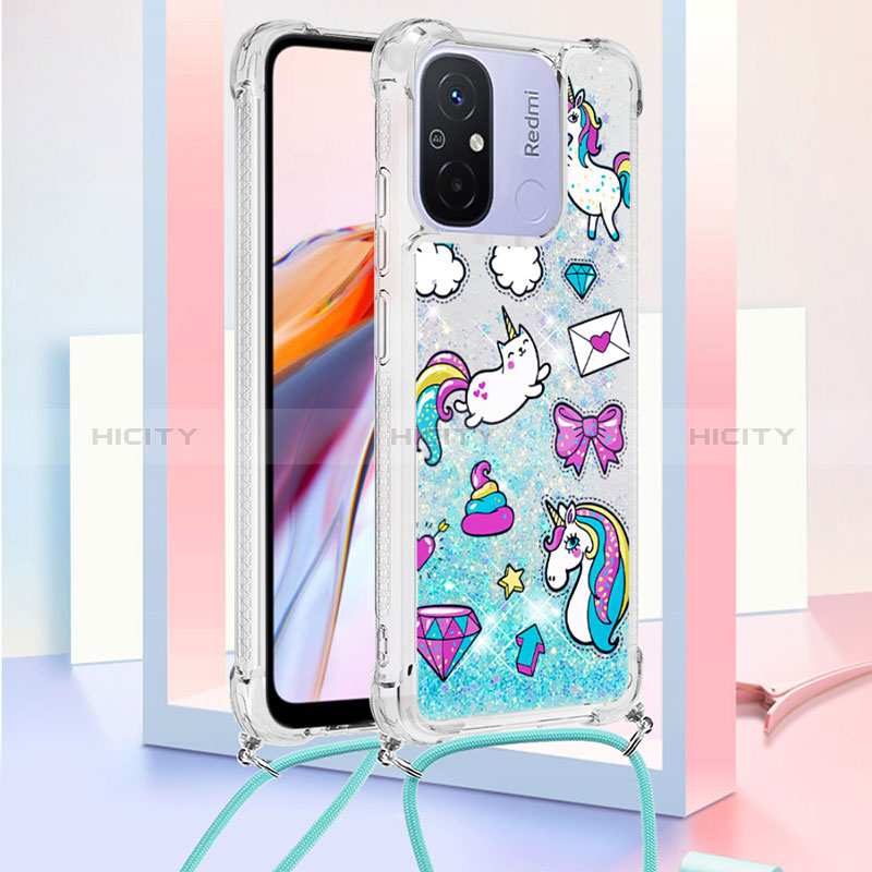 Coque Silicone Housse Etui Gel Bling-Bling avec Laniere Strap S02 pour Xiaomi Poco C55 Bleu Ciel Plus