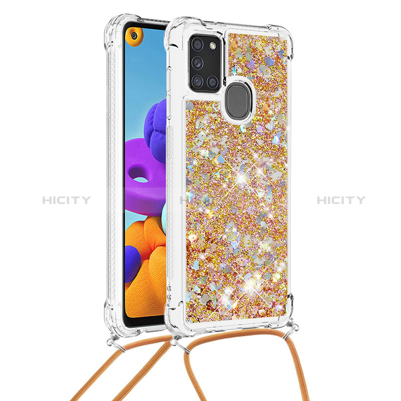 Coque Silicone Housse Etui Gel Bling-Bling avec Laniere Strap S03 pour Samsung Galaxy A21s Or Plus