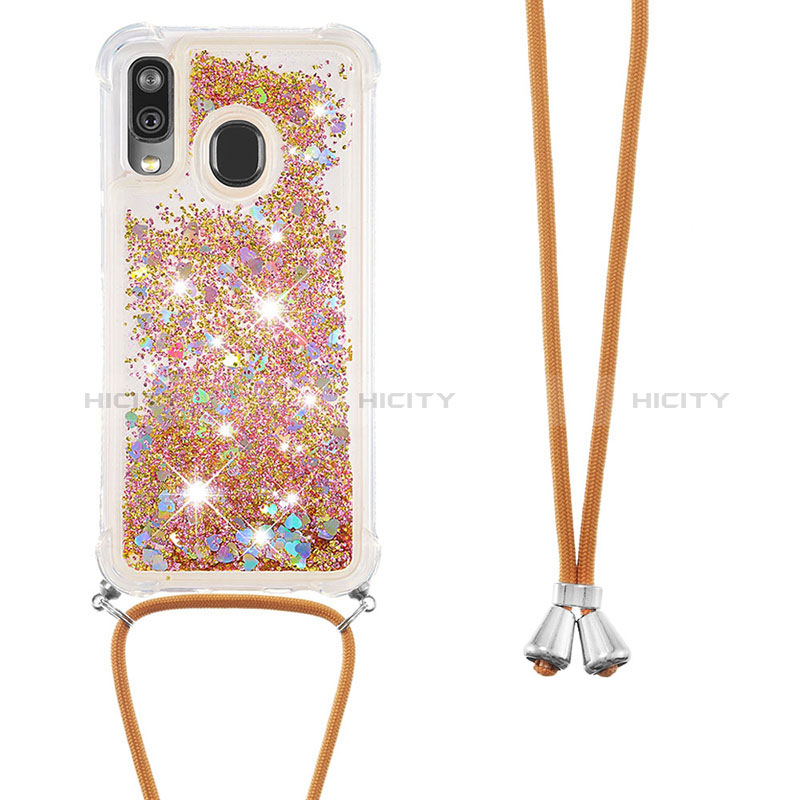 Coque Silicone Housse Etui Gel Bling-Bling avec Laniere Strap S03 pour Samsung Galaxy A40 Or Plus