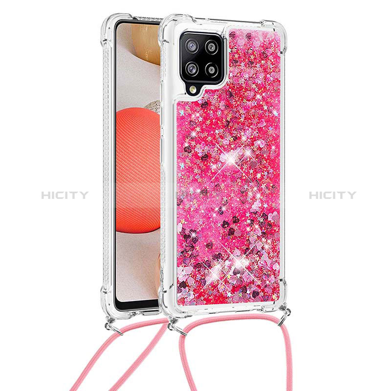 Coque Silicone Housse Etui Gel Bling-Bling avec Laniere Strap S03 pour Samsung Galaxy A42 5G Rose Rouge Plus