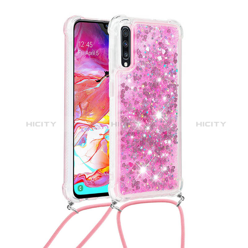 Coque Silicone Housse Etui Gel Bling-Bling avec Laniere Strap S03 pour Samsung Galaxy A70 Rose Rouge Plus