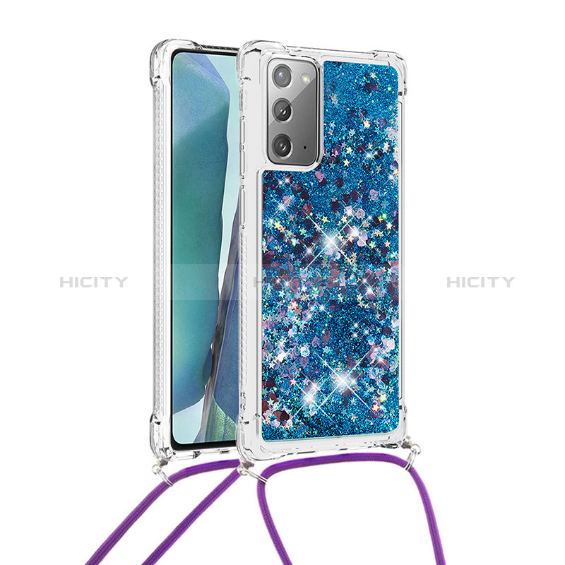 Coque Silicone Housse Etui Gel Bling-Bling avec Laniere Strap S03 pour Samsung Galaxy Note 20 5G Bleu Plus