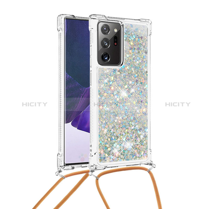 Coque Silicone Housse Etui Gel Bling-Bling avec Laniere Strap S03 pour Samsung Galaxy Note 20 Ultra 5G Argent Plus