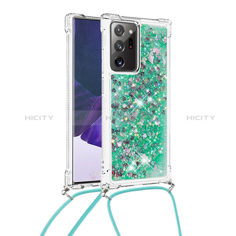 Coque Silicone Housse Etui Gel Bling-Bling avec Laniere Strap S03 pour Samsung Galaxy Note 20 Ultra 5G Vert Plus