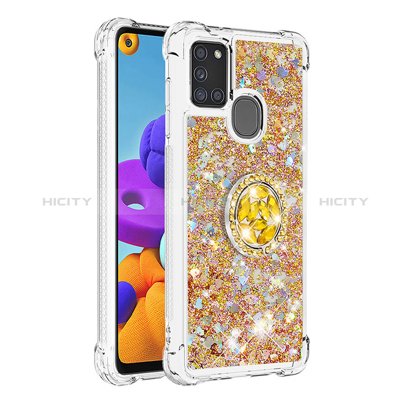 Coque Silicone Housse Etui Gel Bling-Bling avec Support Bague Anneau S01 pour Samsung Galaxy A21s Or Plus