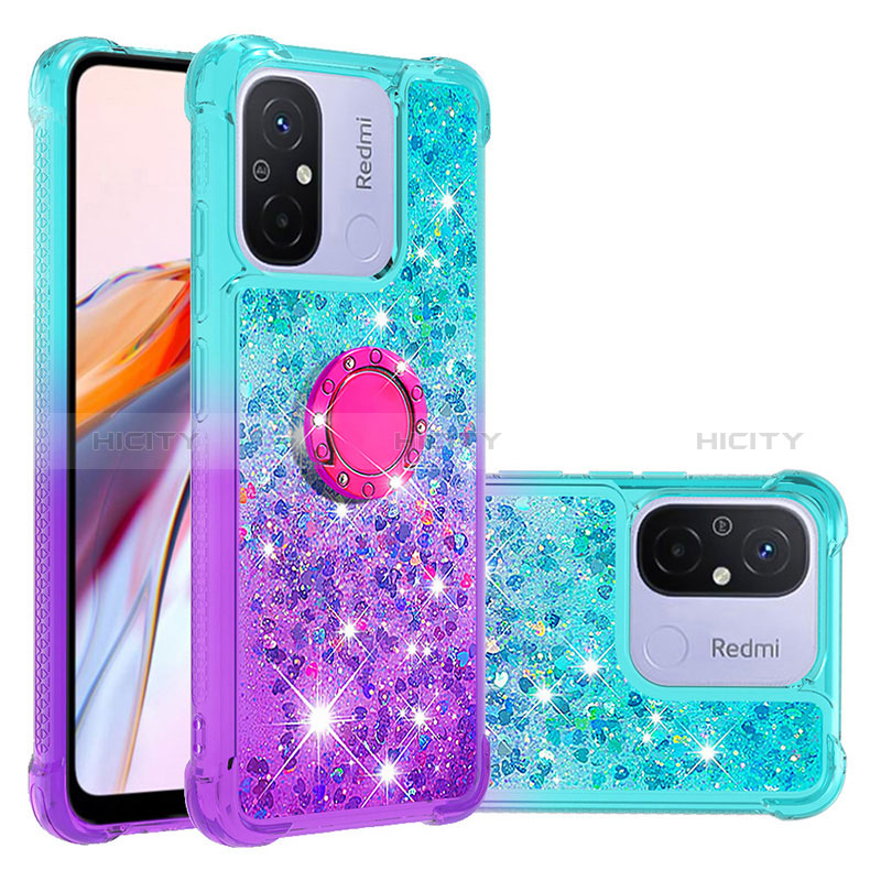 Coque Silicone Housse Etui Gel Bling-Bling avec Support Bague Anneau S02 pour Xiaomi Poco C55 Bleu Ciel Plus