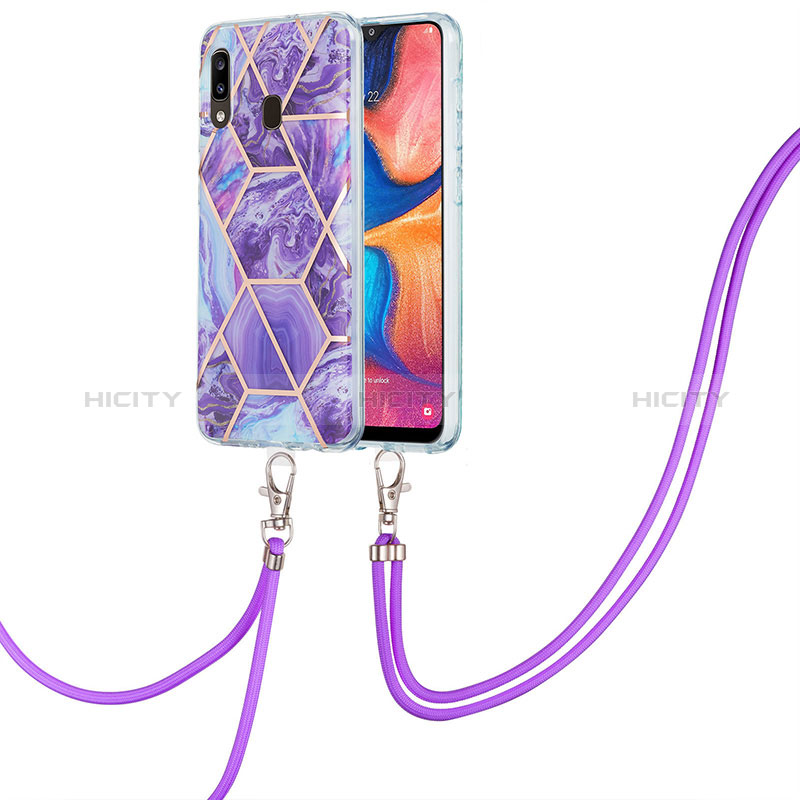 Coque Silicone Motif Fantaisie Souple Couleur Unie Etui Housse avec Laniere Strap Y01B pour Samsung Galaxy A20 Violet Plus