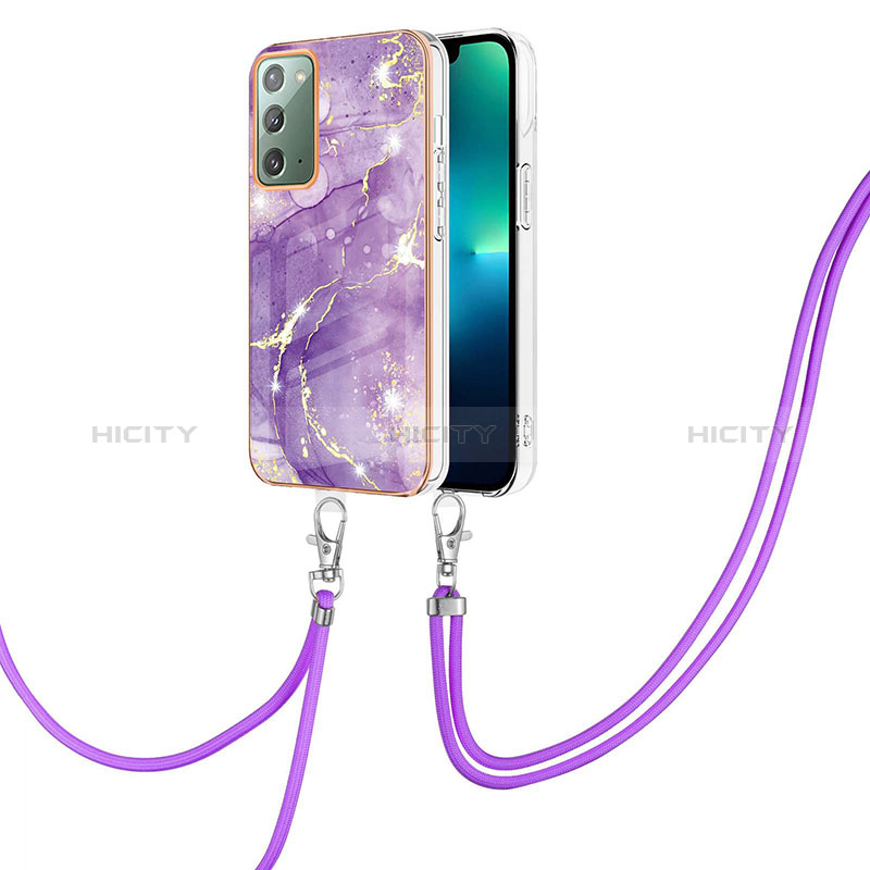 Coque Silicone Motif Fantaisie Souple Couleur Unie Etui Housse avec Laniere Strap Y05B pour Samsung Galaxy Note 20 5G Violet Plus