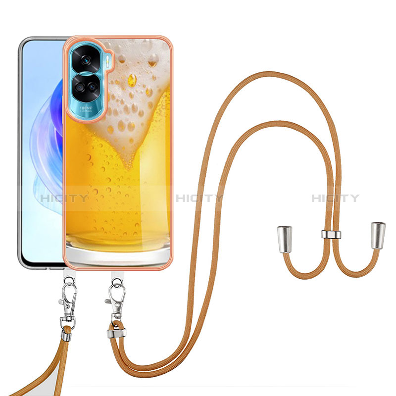 Coque Silicone Motif Fantaisie Souple Couleur Unie Etui Housse avec Laniere Strap YB8 pour Huawei Honor 90 Lite 5G Jaune Plus