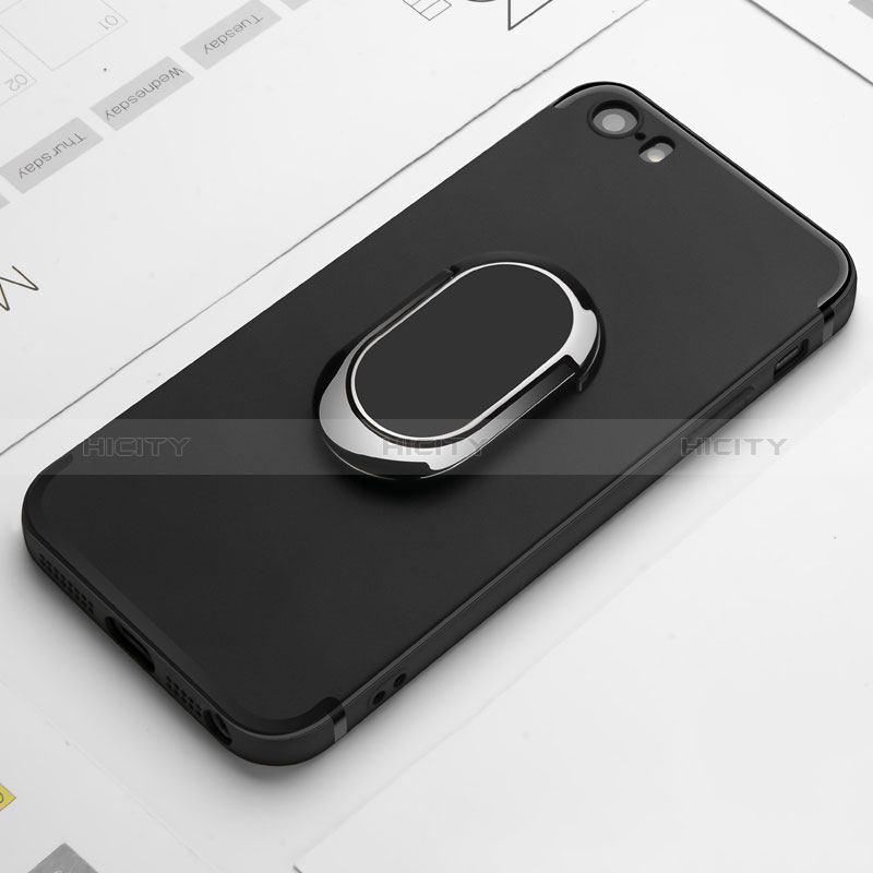 Coque Ultra Fine Silicone Souple avec Support Bague Anneau A01 pour Apple iPhone 5 Noir Plus