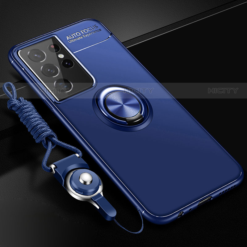Coque Ultra Fine Silicone Souple Housse Etui avec Support Bague Anneau Aimante Magnetique A02 pour Samsung Galaxy S21 Ultra 5G Bleu Plus
