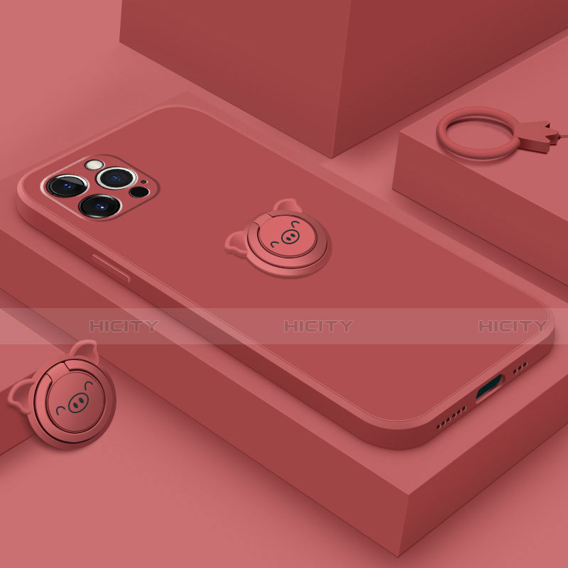 Coque Ultra Fine Silicone Souple Housse Etui avec Support Bague Anneau Aimante Magnetique A07 pour Apple iPhone 13 Pro Rouge Plus