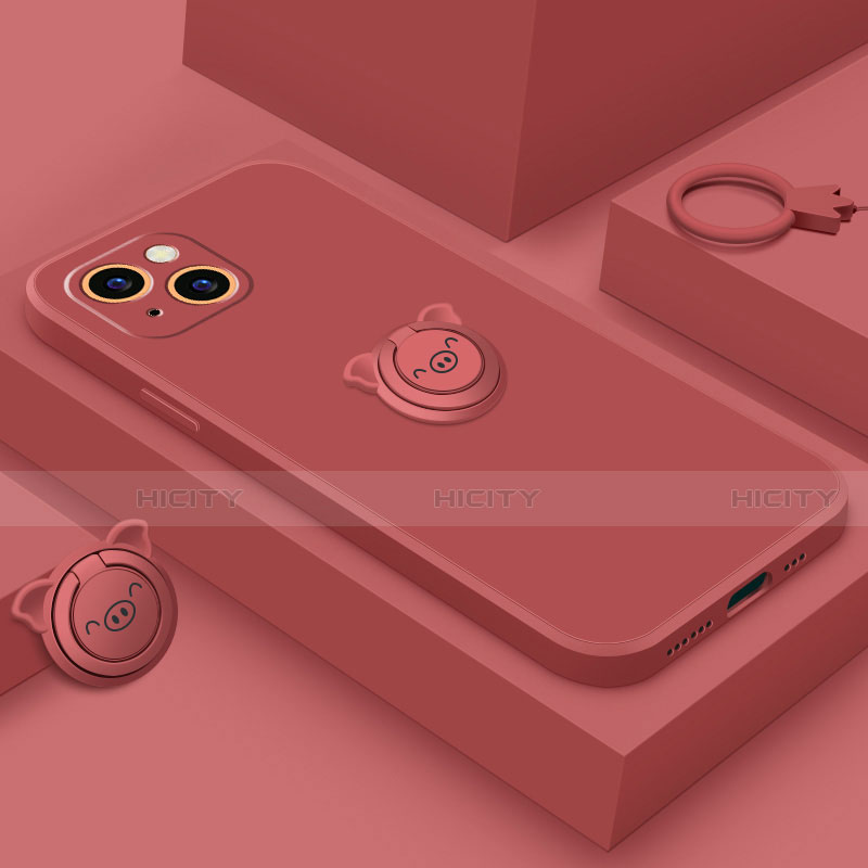 Coque Ultra Fine Silicone Souple Housse Etui avec Support Bague Anneau Aimante Magnetique A07 pour Apple iPhone 13 Rouge Plus
