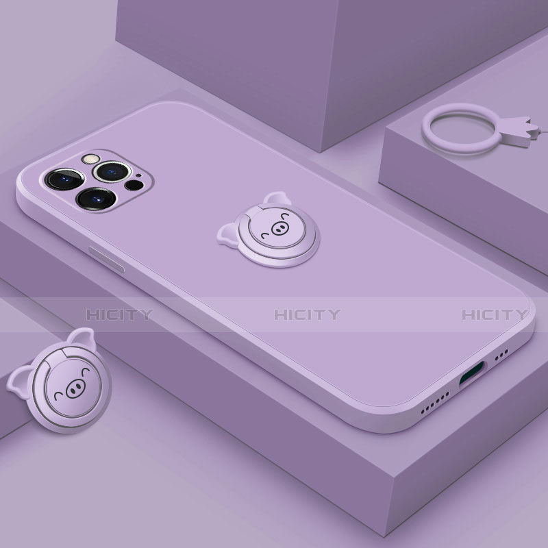 Coque Ultra Fine Silicone Souple Housse Etui avec Support Bague Anneau Aimante Magnetique A07 pour Apple iPhone 15 Pro Violet Plus