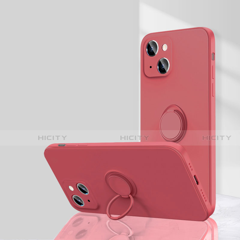 Coque Ultra Fine Silicone Souple Housse Etui avec Support Bague Anneau Aimante Magnetique G01 pour Apple iPhone 14 Rouge Plus