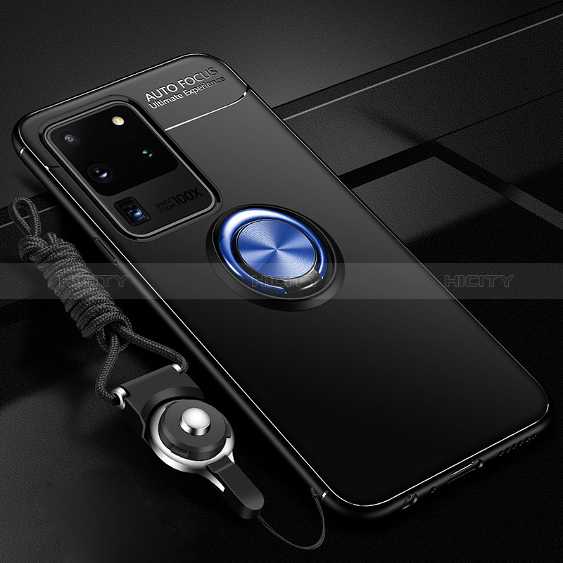 Coque Ultra Fine Silicone Souple Housse Etui avec Support Bague Anneau Aimante Magnetique JM3 pour Samsung Galaxy S20 Ultra 5G Bleu et Noir Plus