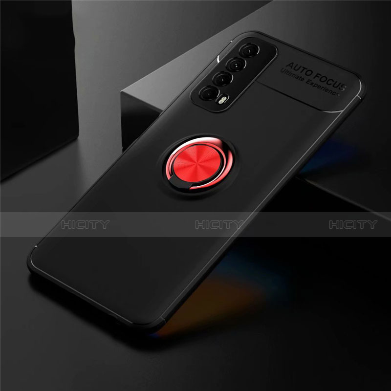 Coque Ultra Fine Silicone Souple Housse Etui avec Support Bague Anneau Aimante Magnetique pour Huawei P Smart (2021) Rouge et Noir Plus