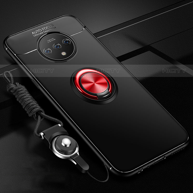 Coque Ultra Fine Silicone Souple Housse Etui avec Support Bague Anneau Aimante Magnetique pour OnePlus 7T Rouge et Noir Plus