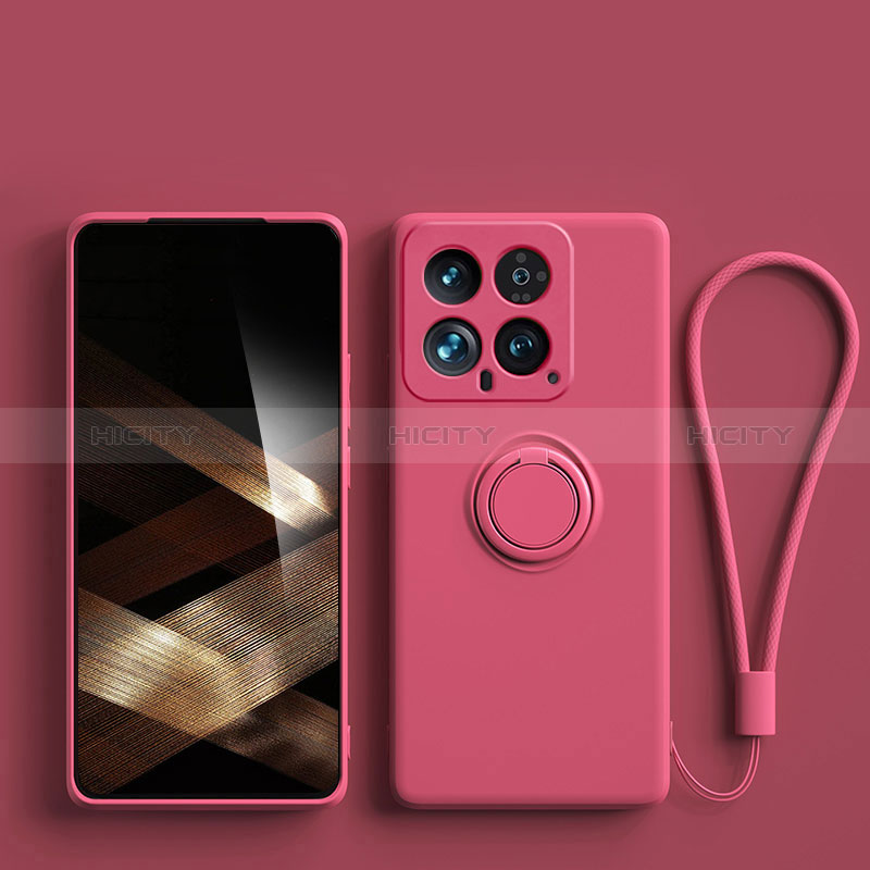 Coque Ultra Fine Silicone Souple Housse Etui avec Support Bague Anneau Aimante Magnetique S01 pour Xiaomi Mi 14 Pro 5G Rose Rouge Plus