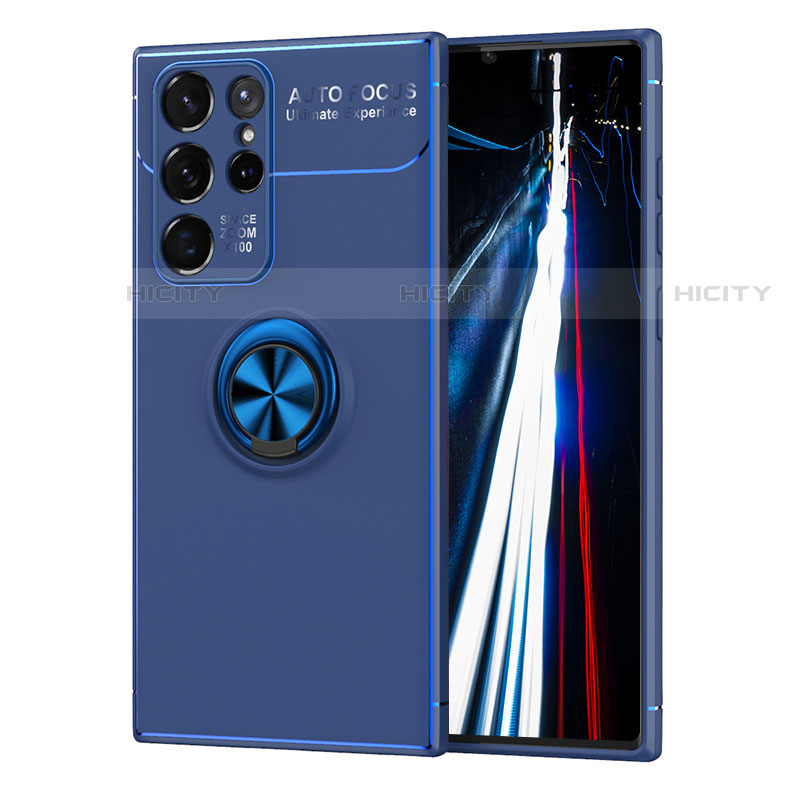 Coque Ultra Fine Silicone Souple Housse Etui avec Support Bague Anneau Aimante Magnetique T02 pour Samsung Galaxy S21 Ultra 5G Bleu Plus