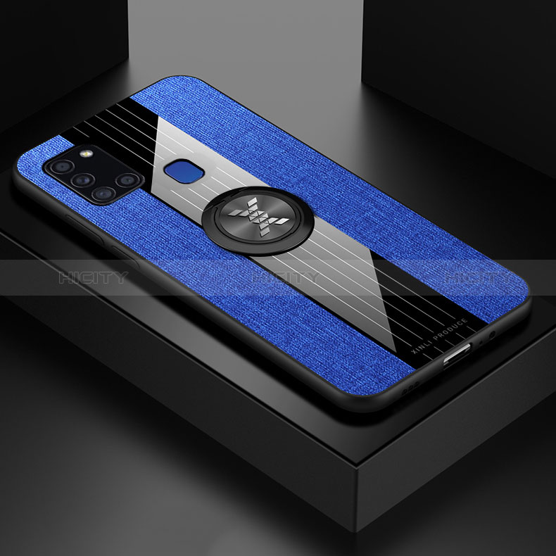 Coque Ultra Fine Silicone Souple Housse Etui avec Support Bague Anneau Aimante Magnetique X01L pour Samsung Galaxy A21s Bleu Plus