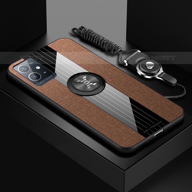 Coque Ultra Fine Silicone Souple Housse Etui avec Support Bague Anneau Aimante Magnetique X03L pour Vivo T1 5G India Marron Plus