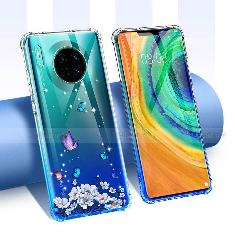Coque Ultra Fine TPU Souple Housse Etui Transparente Fleurs pour Huawei Mate 30E Pro 5G Bleu Plus