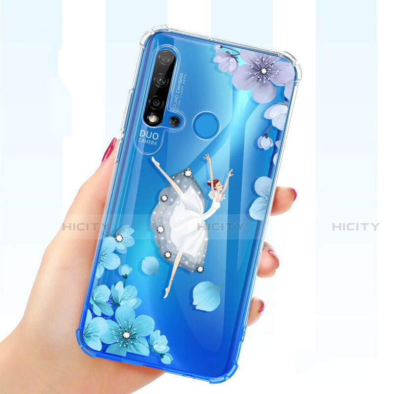 Coque Ultra Fine TPU Souple Housse Etui Transparente Fleurs pour Huawei Nova 5i Bleu Plus