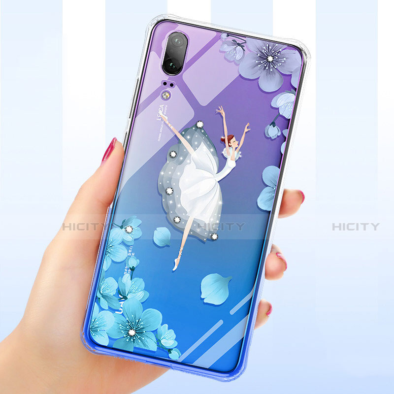 Coque Ultra Fine TPU Souple Housse Etui Transparente Fleurs pour Huawei P20 Bleu Plus