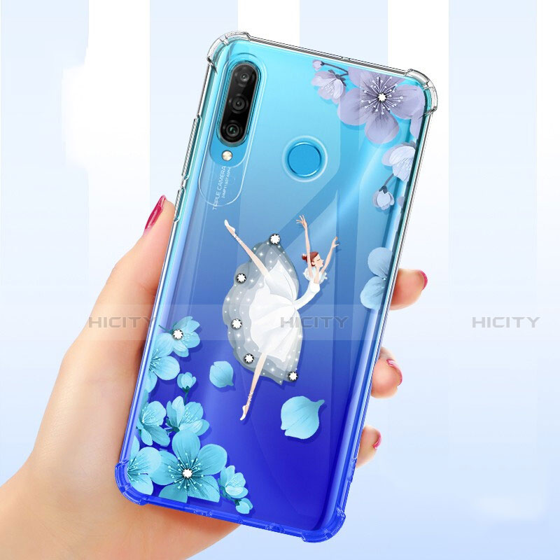 Coque Ultra Fine TPU Souple Housse Etui Transparente Fleurs pour Huawei P30 Lite Bleu Plus