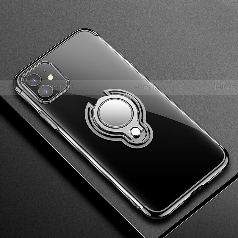 Coque Ultra Slim Silicone Souple Housse Etui Transparente avec Support Bague Anneau Aimante Magnetique C01 pour Apple iPhone 11 Noir Plus