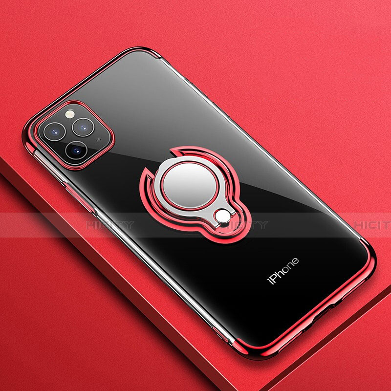 Coque Ultra Slim Silicone Souple Housse Etui Transparente avec Support Bague Anneau Aimante Magnetique C01 pour Apple iPhone 11 Pro Rouge Plus