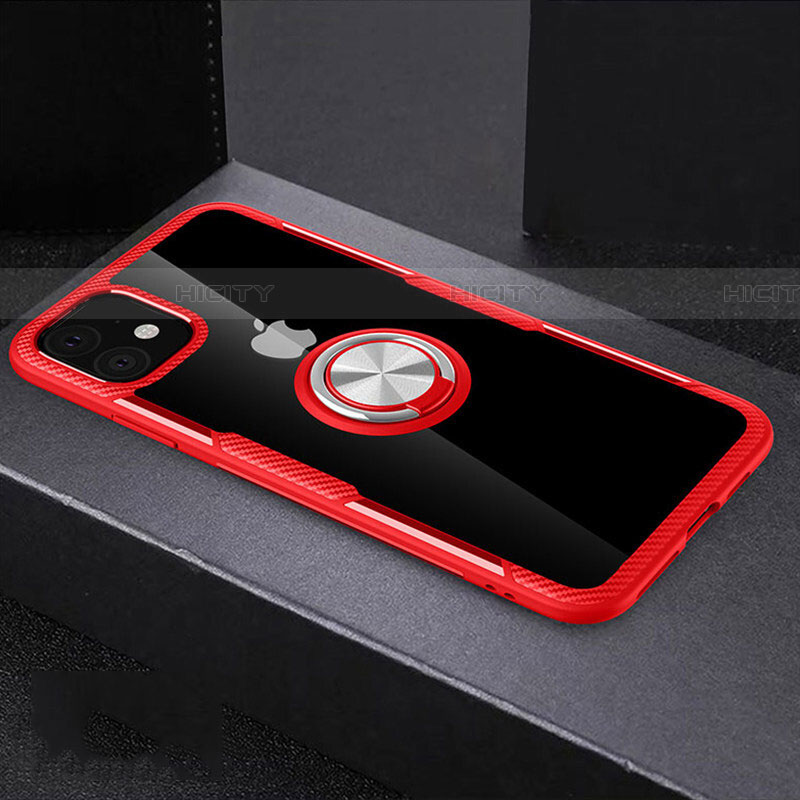 Coque Ultra Slim Silicone Souple Housse Etui Transparente avec Support Bague Anneau Aimante Magnetique C02 pour Apple iPhone 11 Rouge Plus
