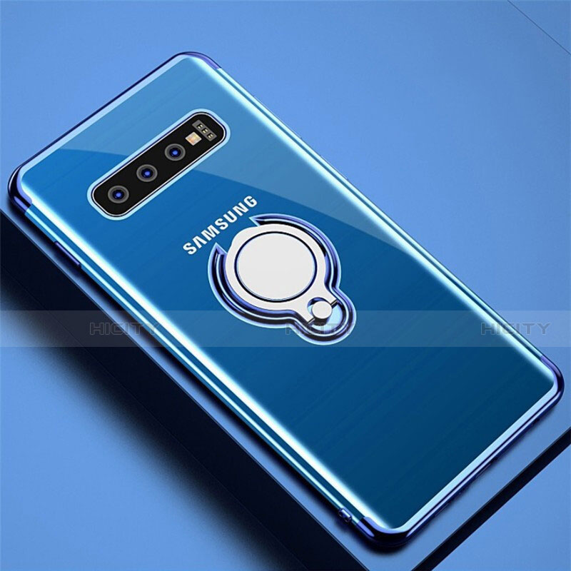 Coque Ultra Slim Silicone Souple Housse Etui Transparente avec Support Bague Anneau Aimante Magnetique C02 pour Samsung Galaxy S10 5G Bleu Plus