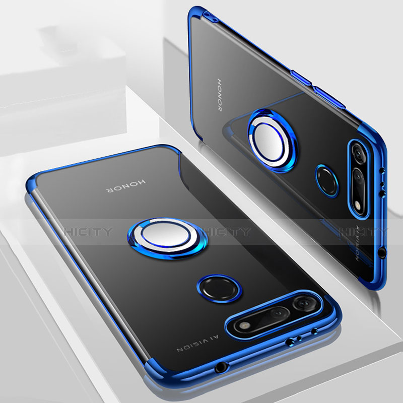 Coque Ultra Slim Silicone Souple Housse Etui Transparente avec Support Bague Anneau Aimante Magnetique C03 pour Huawei Honor V20 Bleu Plus