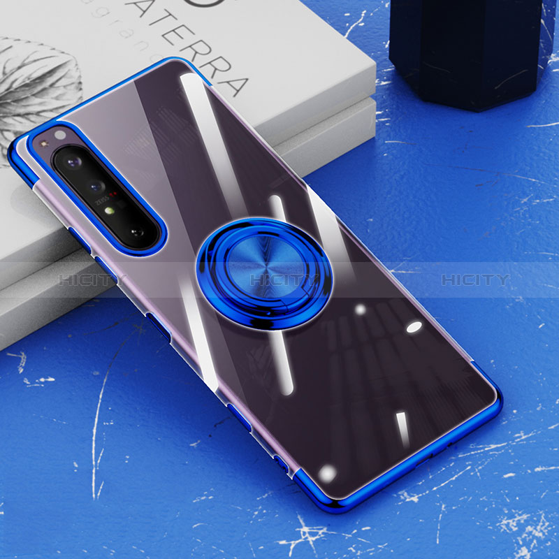 Coque Ultra Slim Silicone Souple Housse Etui Transparente avec Support Bague Anneau Aimante Magnetique pour Sony Xperia 1 III Bleu Plus