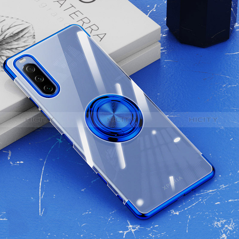 Coque Ultra Slim Silicone Souple Housse Etui Transparente avec Support Bague Anneau Aimante Magnetique pour Sony Xperia 10 III Bleu Plus
