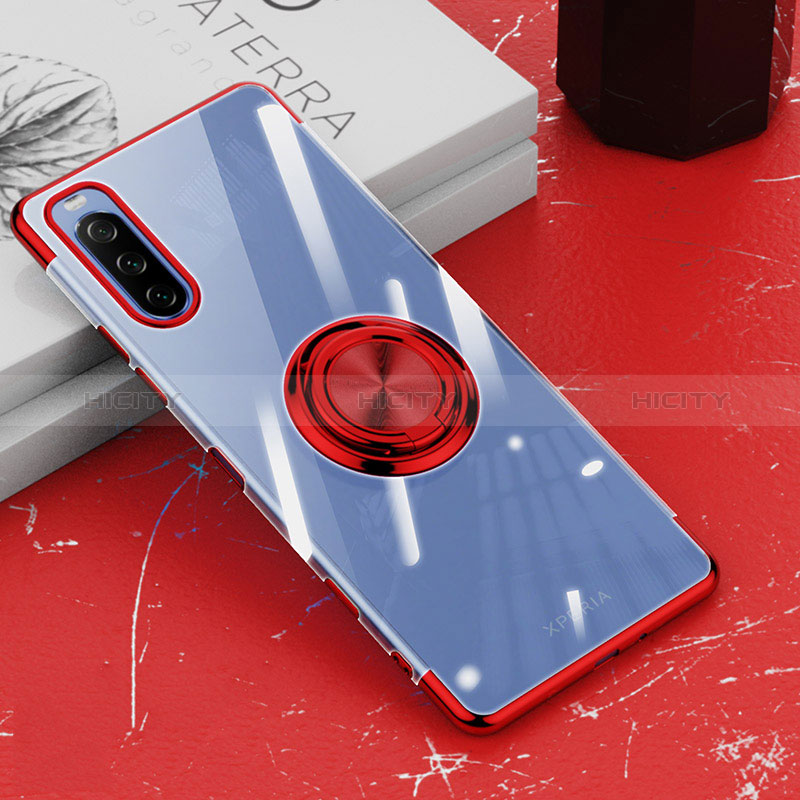 Coque Ultra Slim Silicone Souple Housse Etui Transparente avec Support Bague Anneau Aimante Magnetique pour Sony Xperia 10 III Lite Rouge Plus