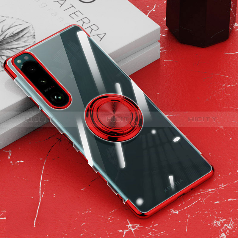 Coque Ultra Slim Silicone Souple Housse Etui Transparente avec Support Bague Anneau Aimante Magnetique pour Sony Xperia 5 III Rouge Plus