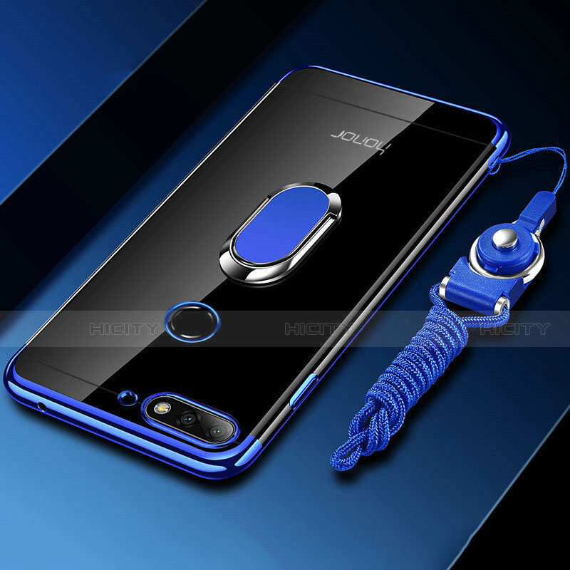 Coque Ultra Slim Silicone Souple Housse Etui Transparente avec Support Bague Anneau Aimante Magnetique S01 pour Huawei Y6 (2018) Bleu Plus
